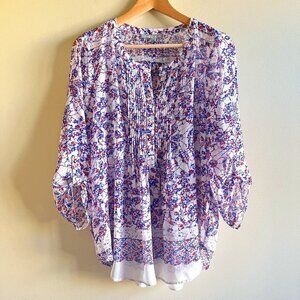 Daniel Rainn Size M Blue White Floral‎ Semi Sheer Roll Tab Sleeve Blouse Top